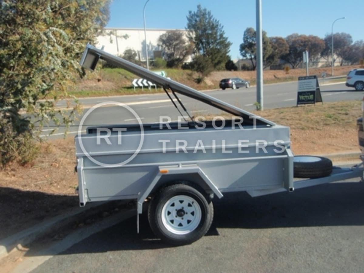 High side box trailer with gas struts on cover — built by Resort Trailers