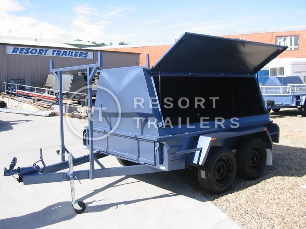 Dual axle, blue, high sided box trailer with jockey wheel and roof racks — built by Resort Trailers