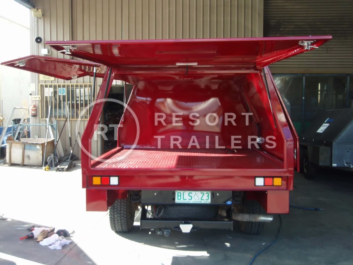 Red ute enclosed back modification all doors open — built by Resort Trailers